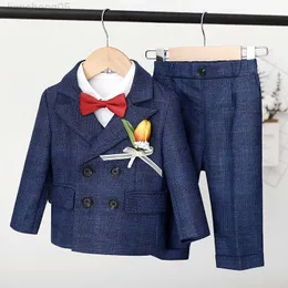 Kläder sätter pojkar formell klänningsdräkt set Autumn Winter British Plaid Child Wedding Party Performance Come Kids Blazer Pants Vest Clothes W0222