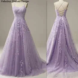 Party Dresses Lilac Tulle Applique Lace Bridesmaid Long a Line Criss Cross Backless Wedding Dress Spaghetti Strap Prom Gown 230221