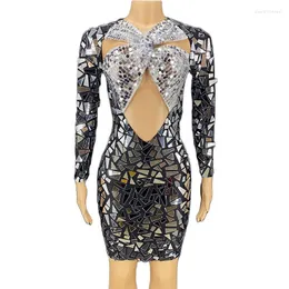 Stage Wear Shining Silver Mirrors Sequins Black Long Sleeve Short Dress Celebrate Party Birthday Outfit Sexy Club Show Dance Costume