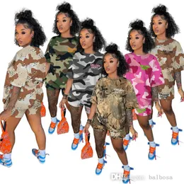 Retail Women Sports Tracksuits Two Piece Set Camouflage Printed Short Sleeve T-shirt And Biker Shorts Matching Outfits