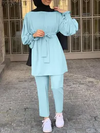 الملابس العرقية Zanzea 2pcs النساء المسلمات مجموعات أنيقة السراويل بلوزة طويلة الأكمام مجموعات غير رسمية دبي للملابس الإسلامية.