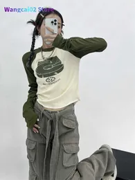Женская футболка Houzhou Vintage y2k Patchwork зеленые футболки Женщины Hippie Streetwear с длинными рукавами T Рубашки Женский kpop retro Осенний Топы 022223H
