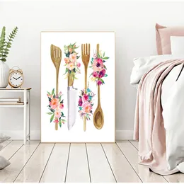 Painting Wall Picture Poster Home Decoration Floral Kitchen Utensil Print Kitchen Wall Art Decor Wooden Utensil Art Canvas Woo