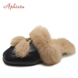 スリッパAphixta Real Fur Slippers Shoes Woman 2022 Mules women's Furry Slippers冬の温かい女性靴ファッションスリッパウサギ髪Z0215