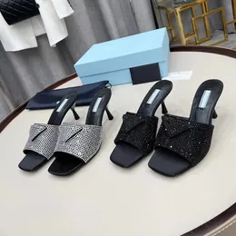 6,5 cm mellanklackade kristallsandaler tofflor mule läder slides stilett Klackar slip-on Öppen tå för kvinnor Luxury Designers skor fabriksskor 35-42