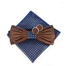 Bow Ties Linbaiway Novelty Wood Tie Hanky ​​Cufflinks Set For Men's Suit Bowtie Wood Hollow Carved Gravatas Cravat Square Handduk