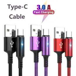 USB Type C 3A Cable LED Fast Charging Mobile Phone Wire For Xiaomi Redmi Samsung S22 Huawei Type C Data Charge Cable