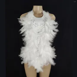 Scenkläder sexiga hängslen Vit fjäderklänning färgglada strass backless jumpsuit nattklubb party dj performance costume