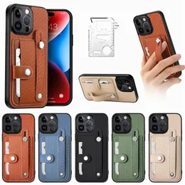 Shockproof Phone Cases for iPhone 15 14 13 12 11 Pro Max XR XS X Plus Multifunction Card Packet Tool PU Leather Wrist Stand Protective Case