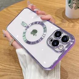 マグサフの透明な磁気ケースソフトTPUシリコンショックプルーフカバーカメラレンズフィルムプロテクター用iPhone 15 14 13 12 11 Pro Max Samsung S22 Plus S23 Ultra 1 Ucer