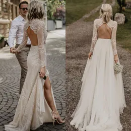 Party Dresses UMK Vintage High Neck Lace Long Sleeve Wedding Dress Boho Detachable Train Elegant Backless Front Split Beach Bridal Gowns 230221