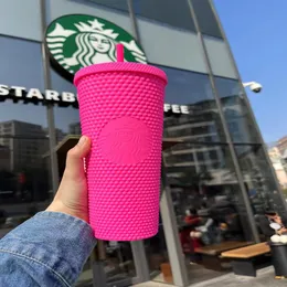 2021 Starbucks çivili fincan tumbler 710ml mat Barbie Pembe plastik kupalar Saman fabrikası tedariki240u