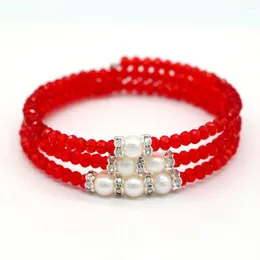 Braccialetto di perline di cristallo rosso natalizio avvolgente braccialetto di perle bianche d'acqua dolce naturale bracciale gioielli fatti a mano GB005