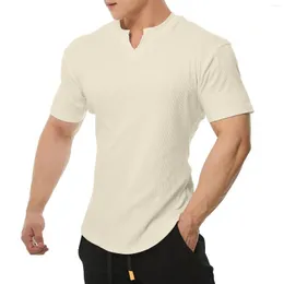 Erkekler Tişörtleri Erkek İlkbahar ve Yaz Yüksek Necke Üstleri Düz Renkli Kısa Kollu Sıradan Elastik İnce Uygun Erkek Gömlek Paket