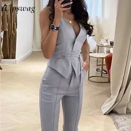 Kvinnor Tvådelar Pants Summer Bandage Office Pendling 2 stycken Set Women European Style Vneck STEVELESS VAST SEXY HÖG MIDSTEN PENCIL 230222