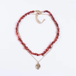 Choker Irregular Red Natural Stone Beaded Handmade Necklace Women Boho Ethnic Double Layer Shell Pendant Jewelry
