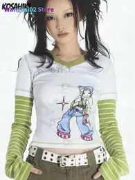 女性のTシャツコサヒキフェイク2ピースパッチ長袖Tシャツ女性ハラジュクグラフィックY2Kトップス審美的エグールサマーシンTシャツゴス0222223H