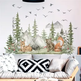 Wall Stickers Large Forest Animals Deer Bear for Kids Rooms Nursery Decals Boys Room decoration Cartoon Trees Mural 230221