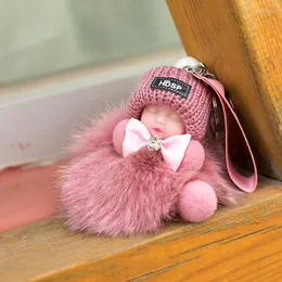 Keychains Sweet Sleeping Baby Doll Cute Fluffy Pompom Key Chain Holder Bag For Women Girls Fashion Jewelry Cadeau