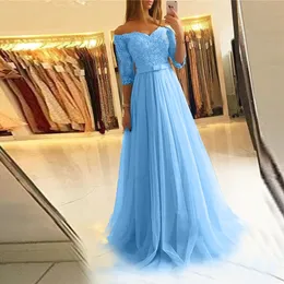 Party Dresses Evening Robes Winter Long Sleeve Lace Gace Gaze kjol Pink Midwaist Wedding Bridesmaid Ball Dress Boat Neck Prom Gowns 230221