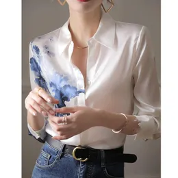 Women's Blouses & Shirts Vintage Ink Printing Chiffon Shirt Autumn Turn-down Collar Long Sleeve Satin Blouse Women Summer Korean Style Casua