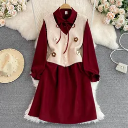 Casual Dresses Autumn And Winter Waist Slimming Corduroy Dress V-neck Knitted Waistcoat Two-piece Set