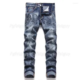 Men's Jeans Slim-Fit Stretch-Print Men's Spring Street Tight Pants Blue Casual Straight Trousers Pantalones Para Hombre Vaqueros