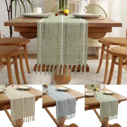 Table Cloth Runner With Hand-Tassels Vintage Woven Dresser Scarf Farmhouse Rustic Cover Polyester Rectangular Decor For