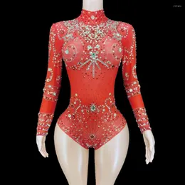 Sahne Giyim Sparkly Rhinestones Dance Leotard Seksi Mesh Şeffaf Uzun Kollu Bodysuit Parti Gece Kıyafet Kadın Performans