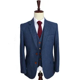 Men's Suits Blazers Wool Blue Herringbone Retro gentleman style custom made suits tailor suit Blazer for men 3 piece JacketPantsVest 230222
