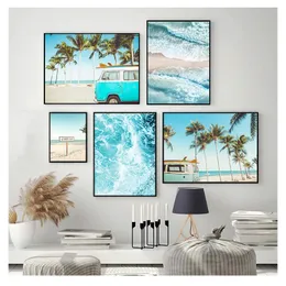 Paintings Modern Prints Sea Beach Bus Palm Tree Wall Art Canvas Painting Nordic Decoration Picture Scandinavian Tropical Landscape Poster Woo