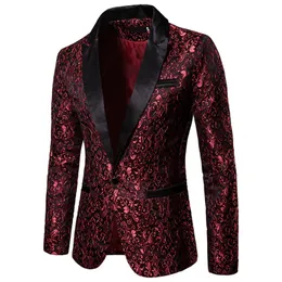 Heren Jassen Gold Jacquard Bronzing Floral Blazer Suit Single Button Jacket Wedding Dress Party Singer Costume 230222
