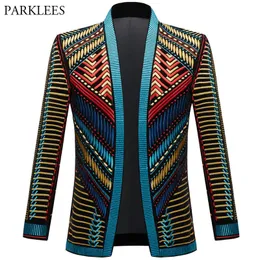 Ternos masculinos blazers vintage colorido bordado jaqueta blazer homem a veludo estilo étnico cantor listrado figurino casual cardigan 230222