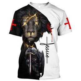 メンズTシャツ神の宗教キリストイエスとライオン3DプリントメンズTシャツ