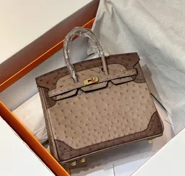 25 cm Marke Totes Ostirch Haut Handtasche Luxus -Bag -Design -Geldbörse vollständig handgefertigt Craie Etoupe Farben Großhandelspreis