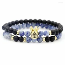 Strand 2pcs/مجموعة 6 مم من الأزرق الأزرق Onyx Stone Bracelet Men Imperial Crown Charm Chakra Bracelet