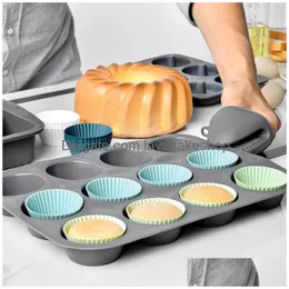 Baking Moulds 12Pcs/Lot Mods Round Set Cake Mold Bakingeggs Tart Steamed Egg Auxiliary Food Sile Muffin Cup Drop Delivery Home Garde Dh51O