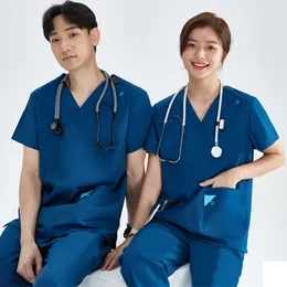 Basic Pro Medical Uniform Scrub Устанавливает женщины мужчины 2 пьеса V Шея верхние шнурки.