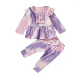 Kläderuppsättningar Pudcoco Baby Girl Tie färgade kläder Lång ärm Ruffle Tops Drawstring Pants 2023 Spring Autumn Girls 3st Set 6M-4T