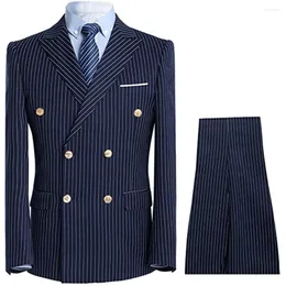 Herrenanzüge Frühling/Herbst Marineblau kariert Herren Slim Fit für Hochzeit Zweireihiges Sakko mit Hose 2-teiliges Set Blazer Bräutigam Smoking