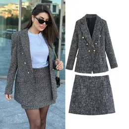 Kadınlar Suits Blazers Sonbahar Kış Blazers Kavur Uzun Kollu Dokulu Çift Göğüslü Takım Elbise Set Seti Moda Yüksek Bel Mini Etek 230223