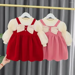 Mädchen Kleider Mädchen Süße Winter Herbst Kinder Prinzessin Bogen Kleid Vestidos Langarm Baby Kleinkinder Samt T-shirt Tops 2 stücke Outfits ADK1985