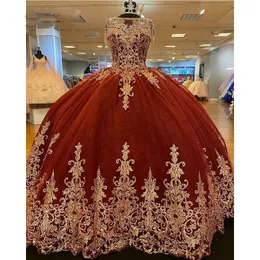 Bola de tule vermelho vestido de princesa quinceanera vestidos 2023 ouro rendas apliques espartilho vestidos de festa de baile de 15 anos s