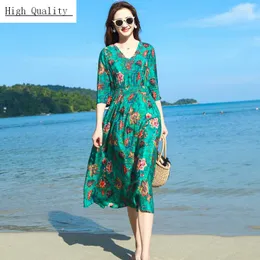 Повседневные платья длинные летние платья женщины шелк элегантный пляжный пляжный стройный винтажный принт цветочный vestidos verano lwl1536