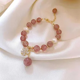 Link Chain CIFbuy Natural Freshwater Pearls Pink Strawberry Crystal Bracelet Flower Zircon Trendy Korea Women Bracelets Fashion Jewelry G230222