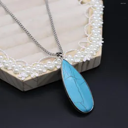 Подвесные ожерелья модная натуральное каменное ожерелье синее бирюзовое звено цепи заживление кристаллов для женщин вечеринка 25x60 мм