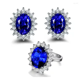 목걸이 귀걸이 세트 Moonrocy Blue Crystal CZ Ring and Earring 웨딩 쥬얼리 은색 색상 도매 여성 선물 드롭