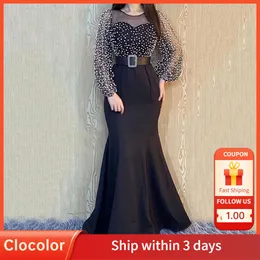 Lässige Kleider elegante Perlen schwarzer Meerjungfrau Kleid Puff Langarm sexy Mesh Frauen Bodycon Maxi Abendpartykleid weiß reife Frau Kleid 230223