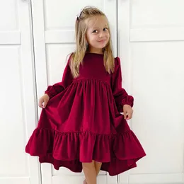 Flickans klänningar Nya 712 år Girls Spring Autumn Winter Velvet Long Sleeve Ruffle Hem Dress Princess Kids Party Dressess Children Clothing Z0223