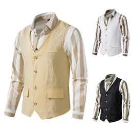 Men's Vests LUCLESAM Linen Vest Stitching Decorative Pocket Loose Sleeveless Coat Summer Trend Retro Male Japanese Style 230223